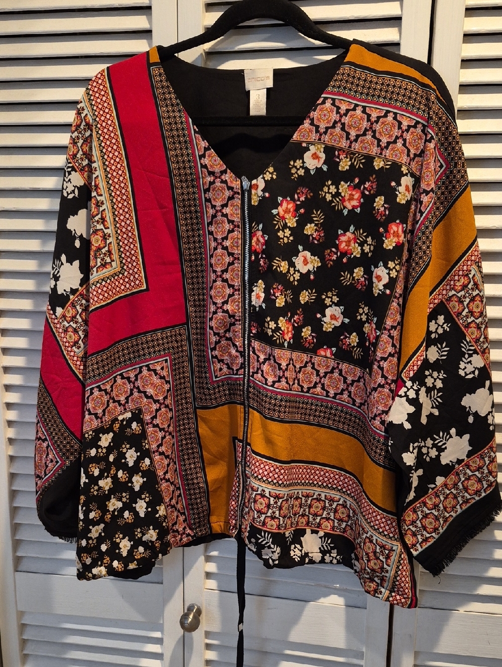 Chico's Patchwork Floral Zip-Front Hoodie in Black, Red & Mustard